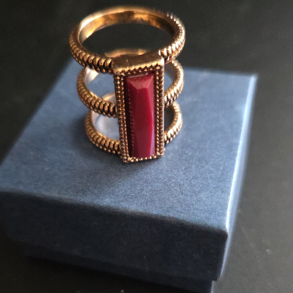 Gold-Tone Statement Ring with Rectangular Red Stone